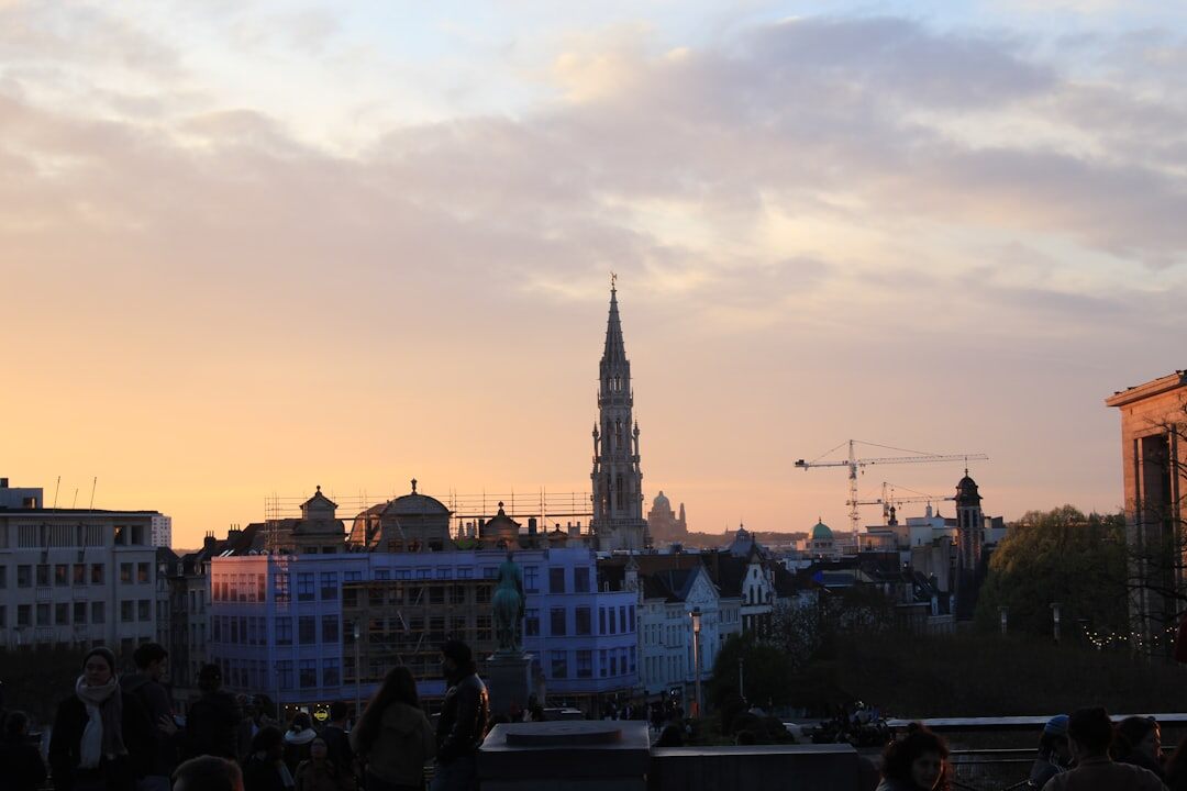 Brussels city skyline at dusk with lit buildings